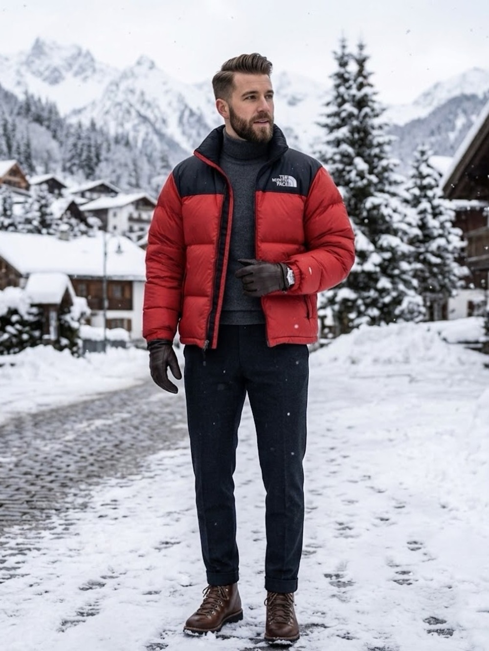 The North Face Men’s Red Puffer Jacket with Black Yoke